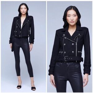 L’AGENCE Billie Belted Button Embellished Wool Blend Biker Jacket Black Size XS